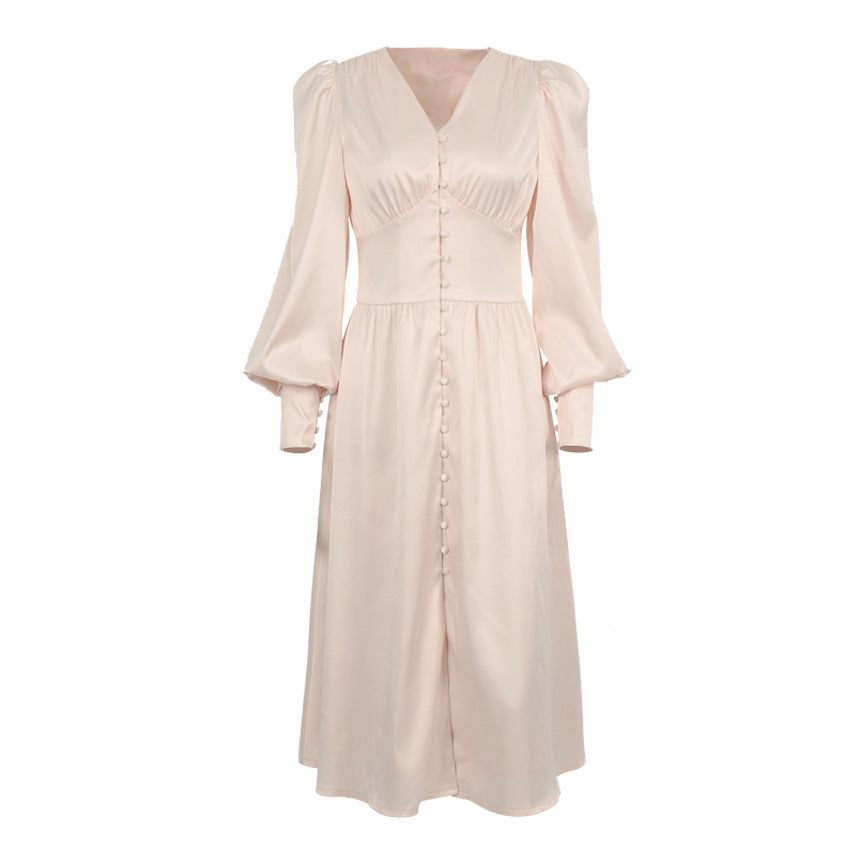 Satin button-front midi dress with puff sleeves – VELVENA