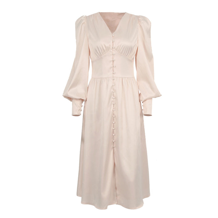 Satin button-front midi dress with puff sleeves – VELVENA