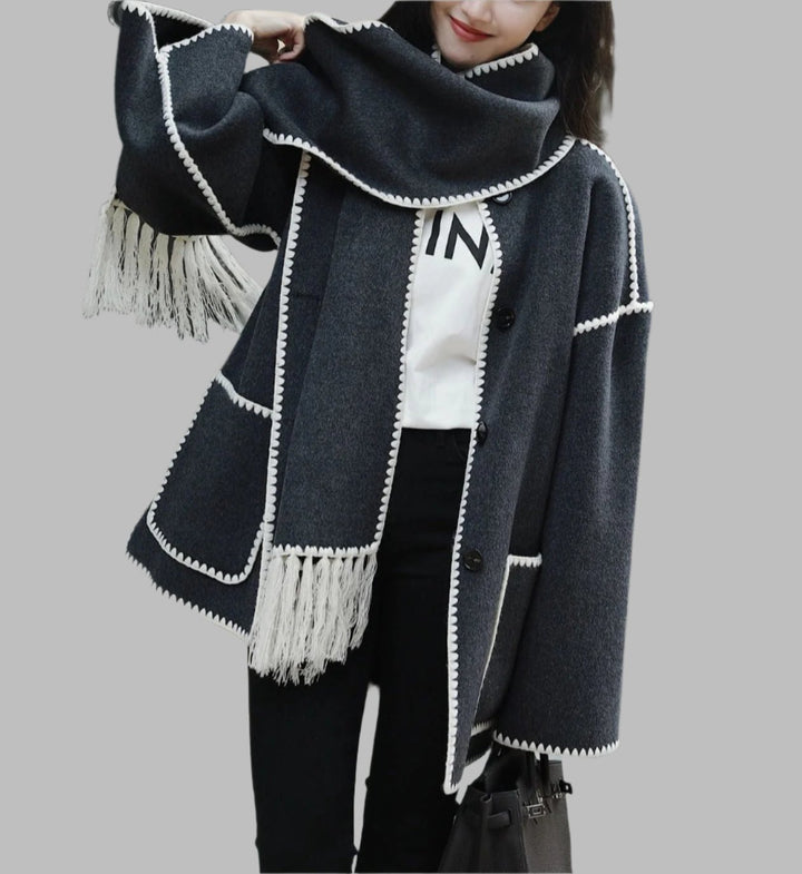 fringed cape jacket with contrast trim – Teghan