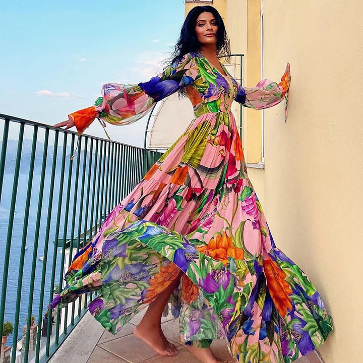 tropical sheer sleeve bodysuit with tiered maxi skirt – FLORELLA