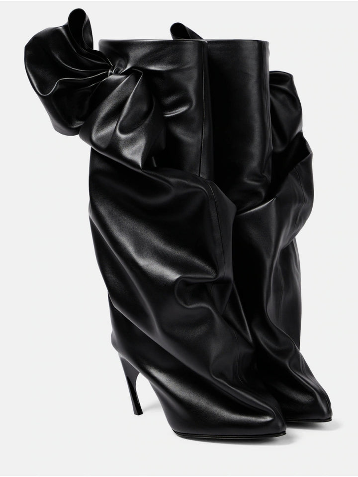 slouchy leather stiletto boots with oversized bow – NOIR
