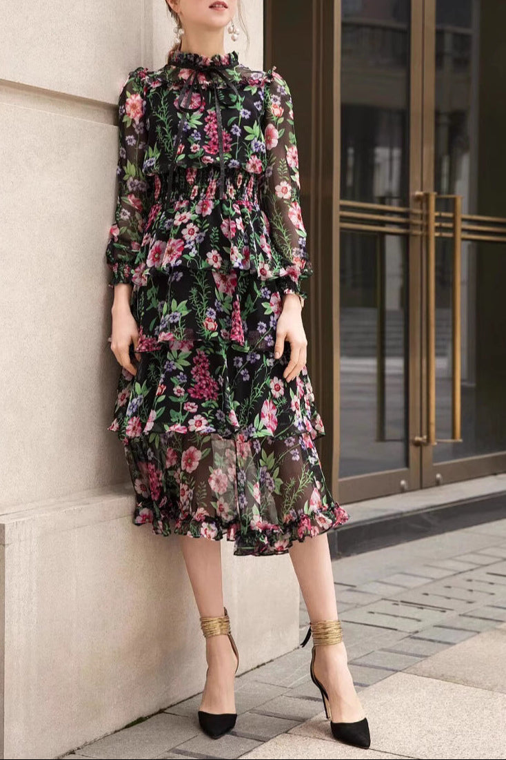 chiffon midi dress with floral print and bow neck – FLORA