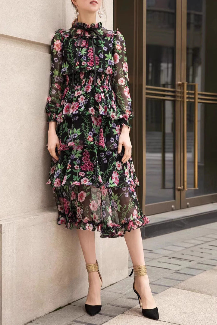 chiffon midi dress with floral print and bow neck – FLORA