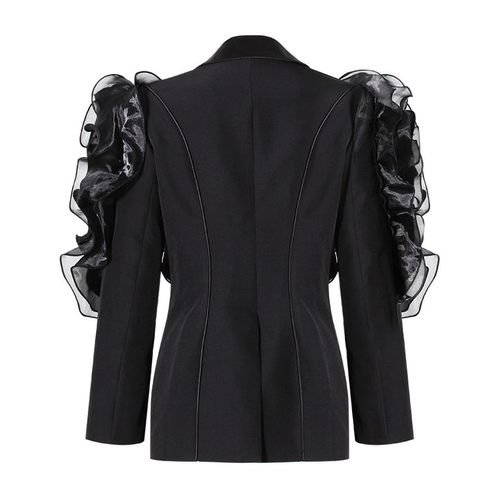 ruffled organza sleeve blazer with deep satin lapel - Jermien