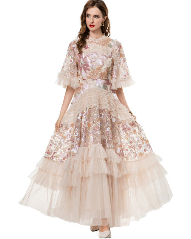 embroidered layered tulle dress with flounce hem - MAELZE