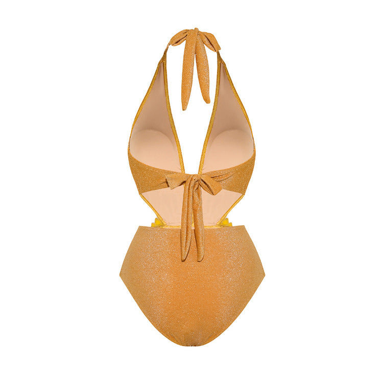 shimmer halter one-piece with floral waist detail – GOLDEN