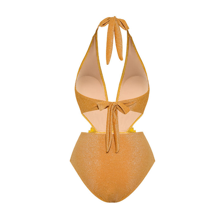 shimmer halter one-piece with floral waist detail – GOLDEN