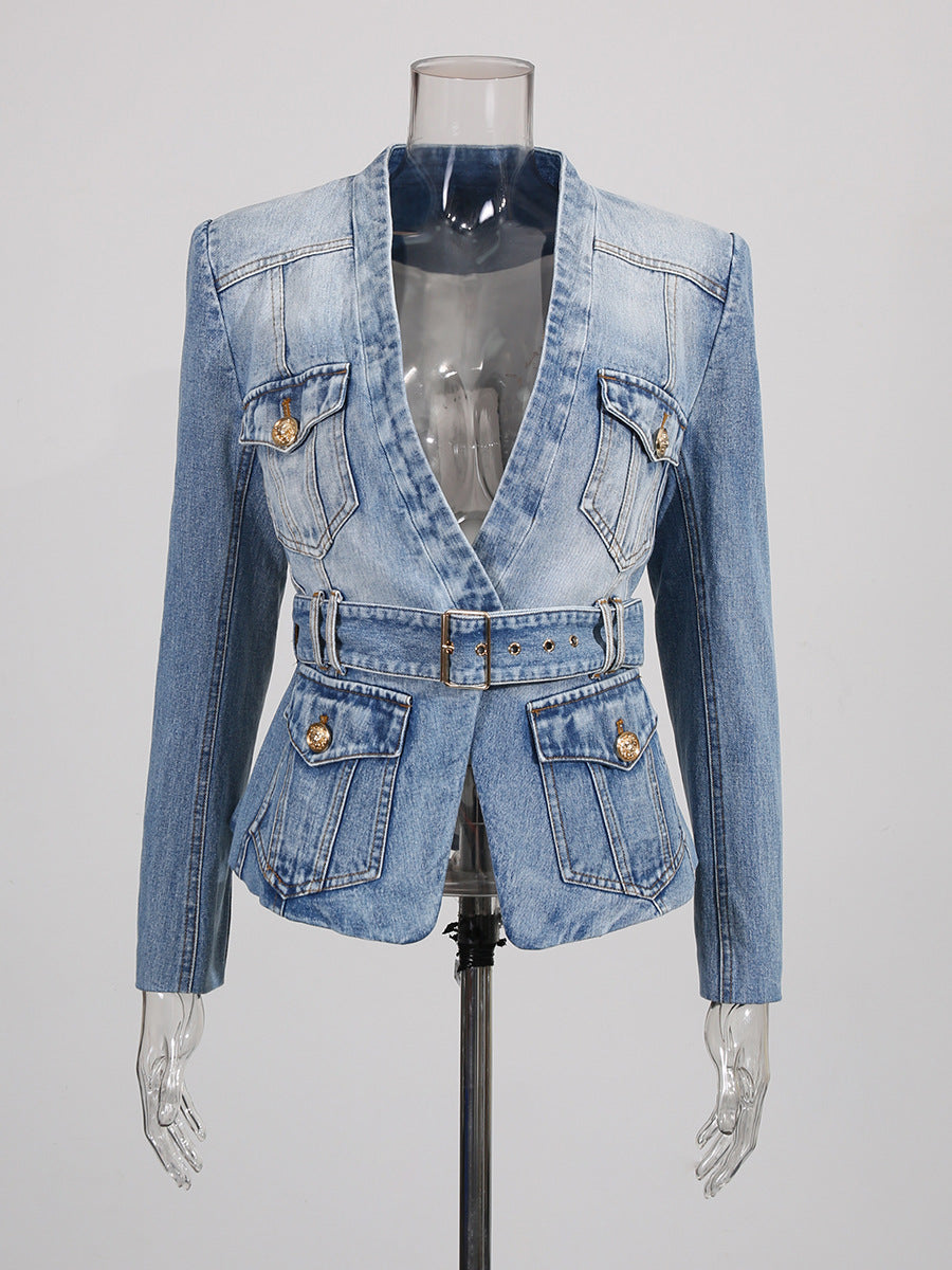 belted denim tailored jacket with utility pockets – AURELIA