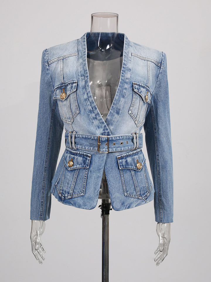 belted denim tailored jacket with utility pockets – AURELIA