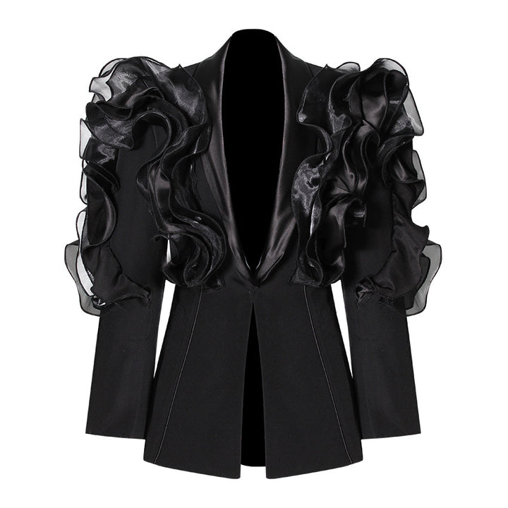 ruffled organza sleeve blazer with deep satin lapel - Jermien