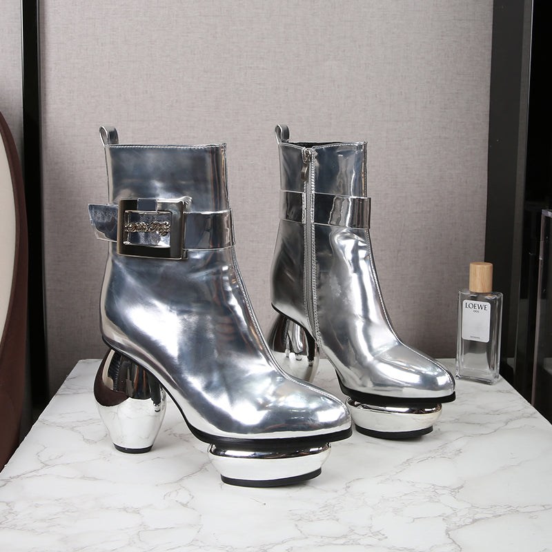 patent leather ankle boots with sculptural round heels - LONNEE