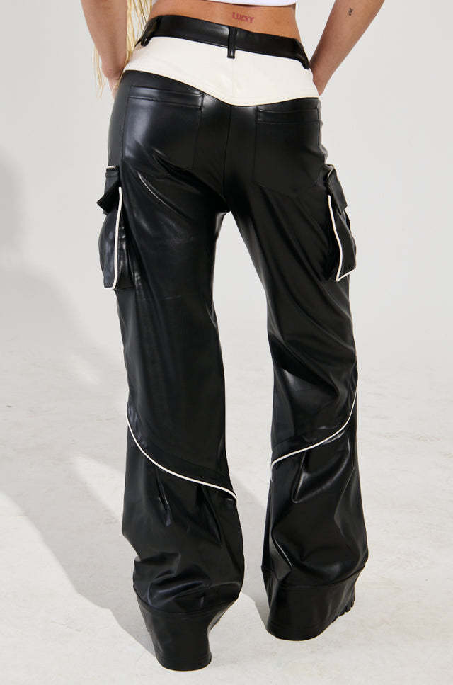 two-tone faux leather cargo pants with contrast yoke - RAVENU