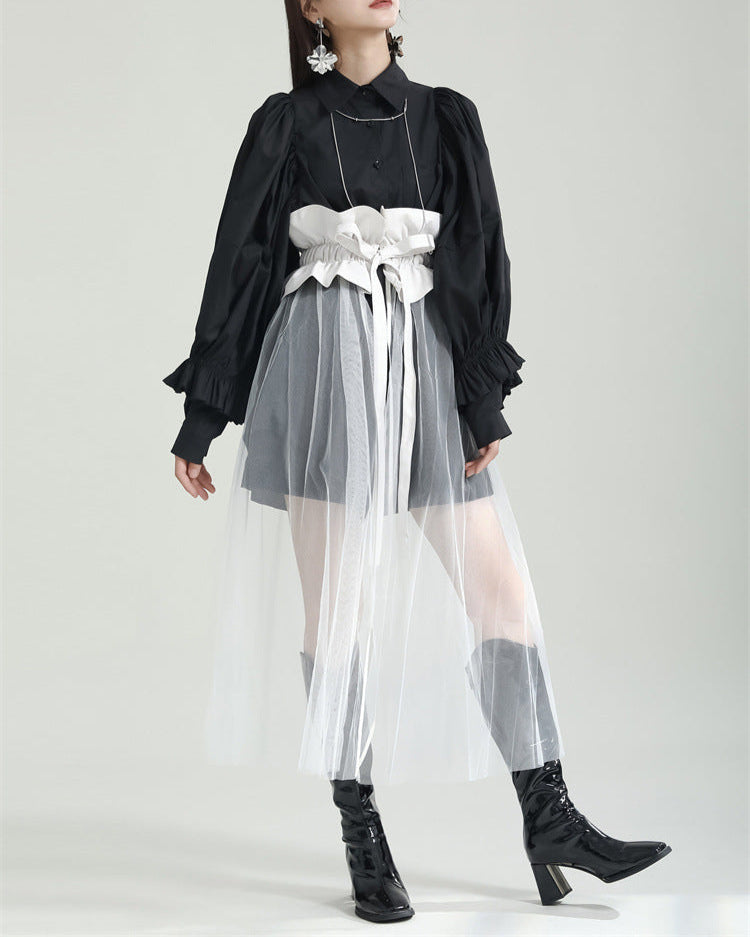 sheer tulle overlay skirt with voluminous shirt and corset belt - YUMI
