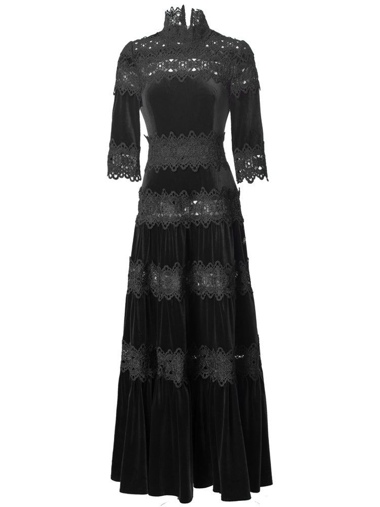 velvet maxi dress with lace panels and high neck – RUBINA