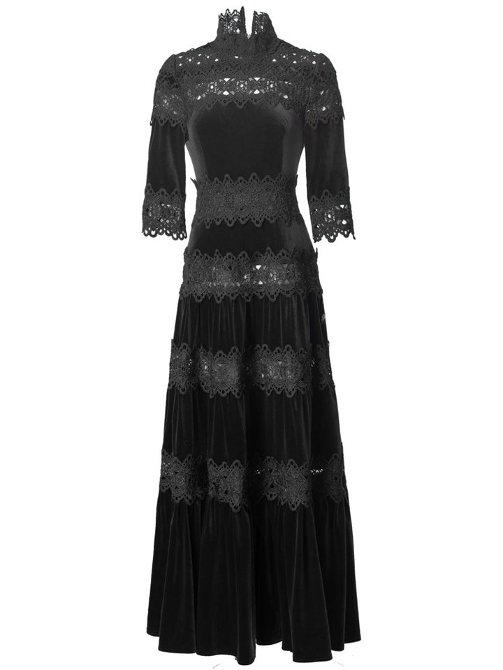 velvet maxi dress with lace panels and high neck – RUBINA