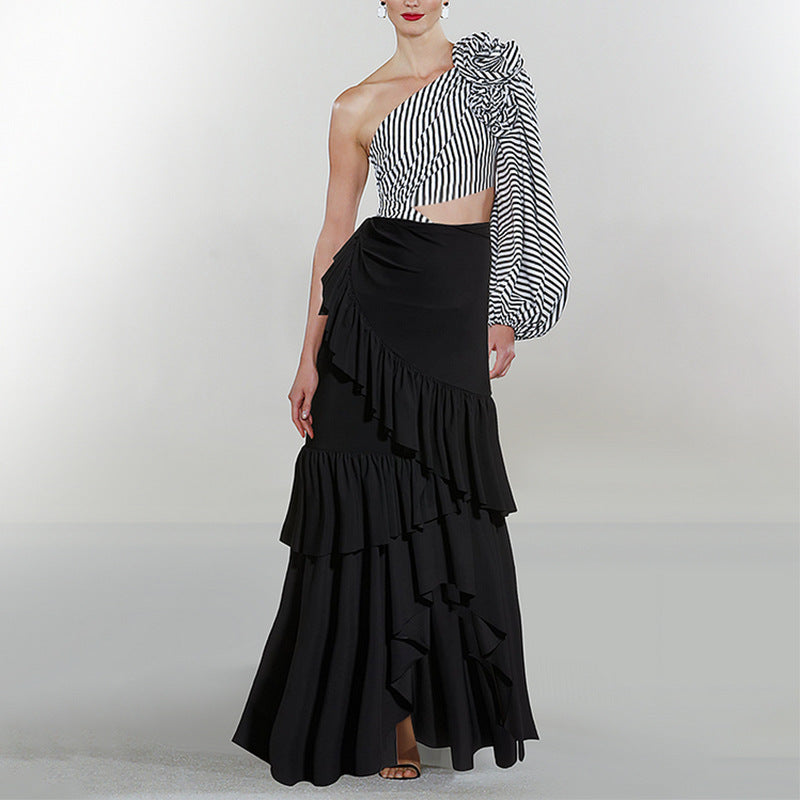 one-shoulder striped cutout swimsuit with layered ruffle maxi skirt – DRAMA