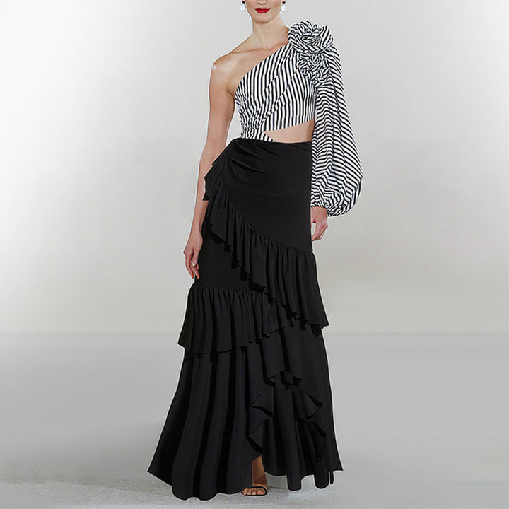 one-shoulder striped cutout swimsuit with layered ruffle maxi skirt – DRAMA