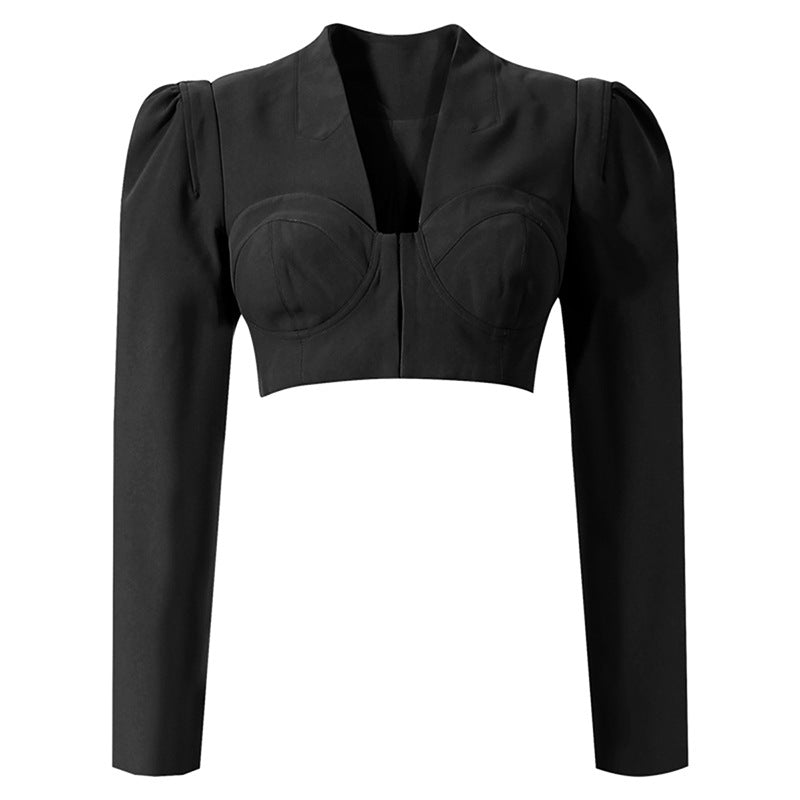 long sleeve cropped bustier top with belted tapered pants - MILAXI
