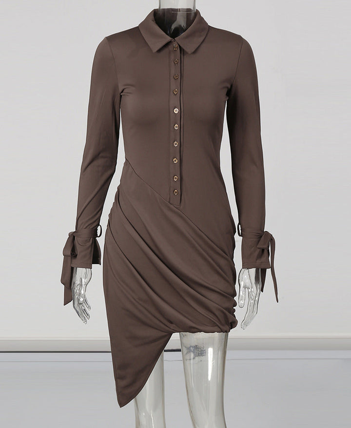 long sleeve collared ruched mini dress with button detail – MOCHA