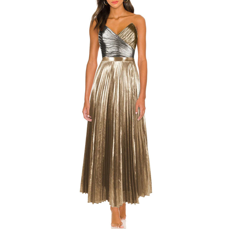 metallic cross-wrap bodice pleated maxi dress – ECLIPSE