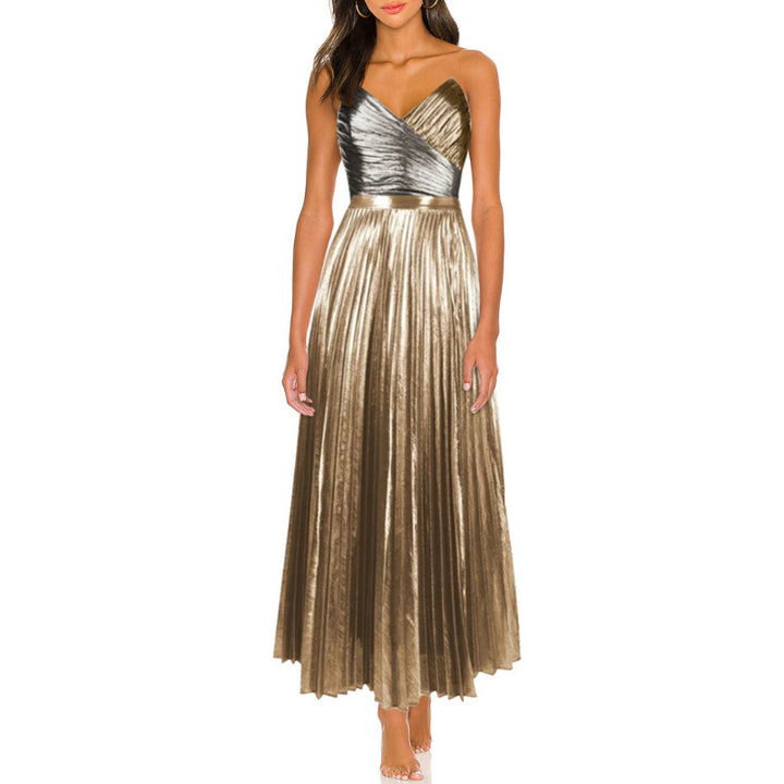 metallic cross-wrap bodice pleated maxi dress – ECLIPSE