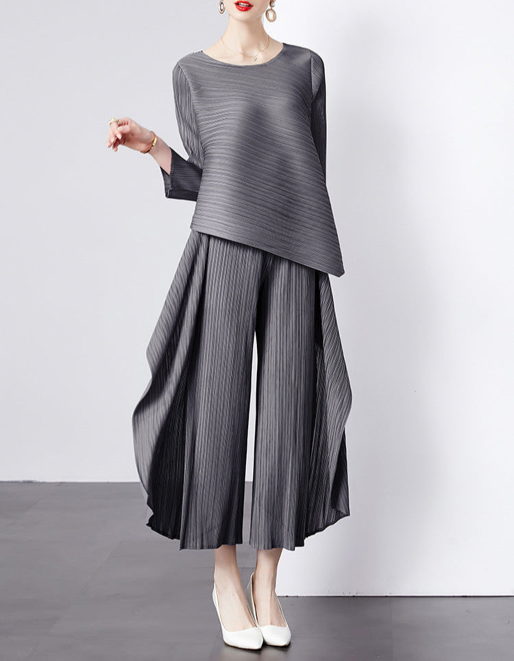 asymmetrical pleated top and wide-leg pants set - TERZA