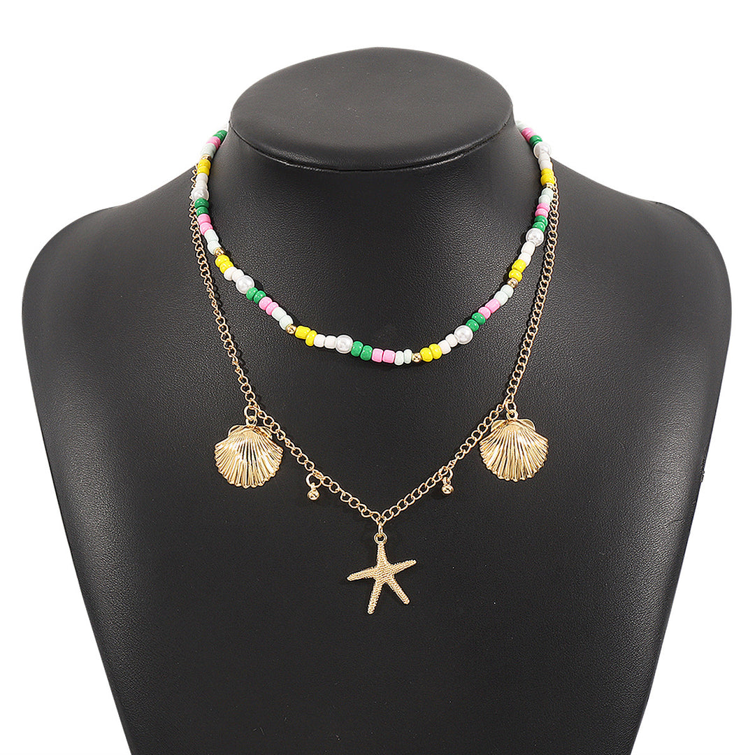 beaded layered necklace with starfish and shell charms - CORALIANA