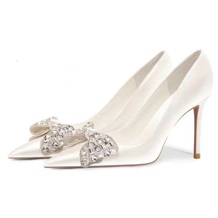 satin pointed-toe heels with crystal bow embellishment – AURELIVIA