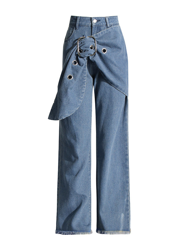 high-waist wide leg denim pants with wrap buckle detail – INDIGO