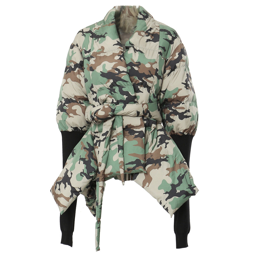 Asymmetric Wrap Puffer Jacket with Knit Sleeves – WRAP