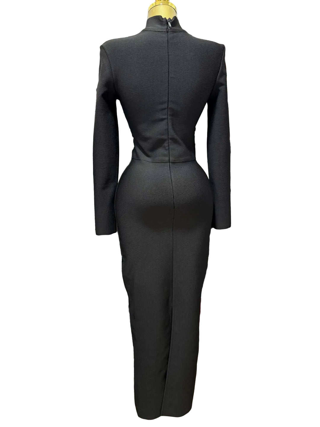 فستان ماكسي بأكمام طويلة وياقة عالية مزين بكريستال عند الخصر - كريستال