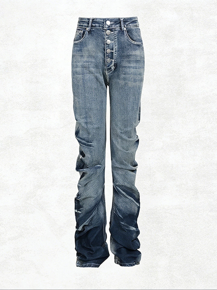 Vintage Wash High Waist Stacked Denim Jeans with Button Fly - RAVEN