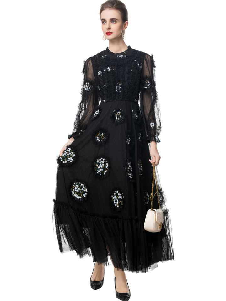 embellished tulle gown with sheer sleeves and crystal appliqués – MIDNIGHT
