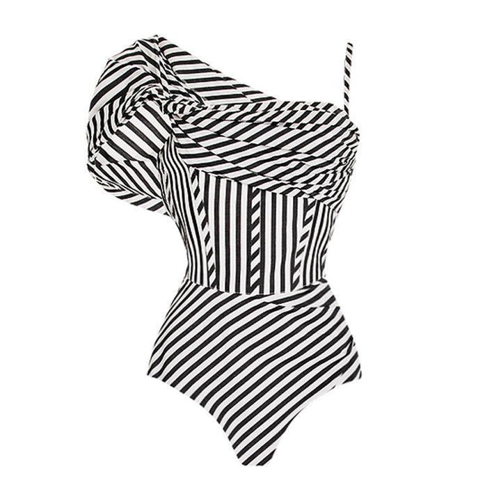 one-shoulder striped swimsuit with layered ruffle maxi skirt – EDGE