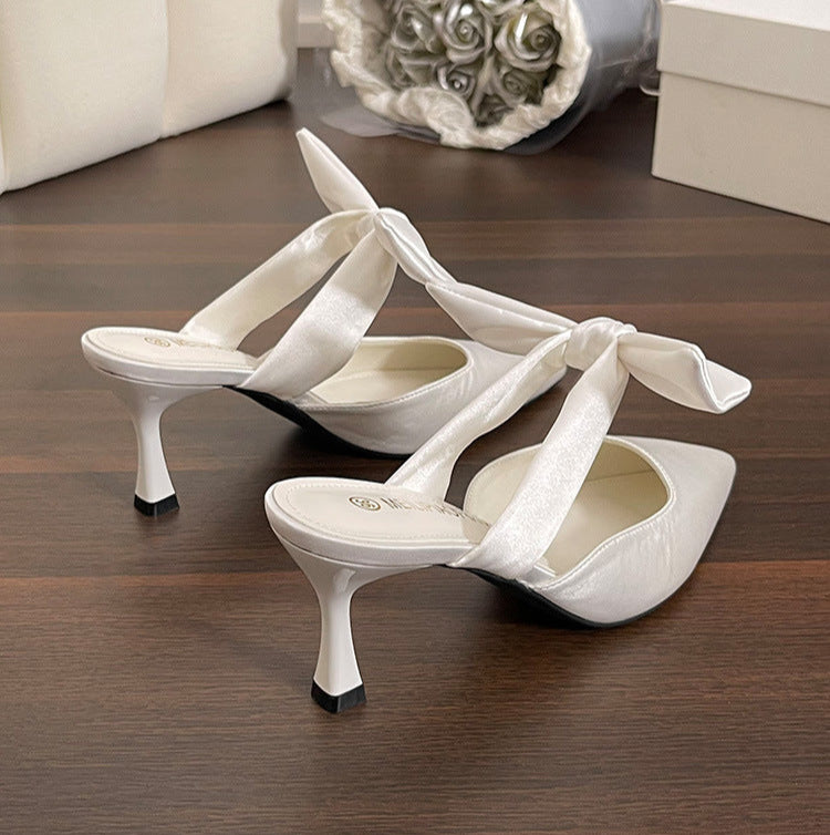 satin pointed-toe mules with bow strap - SOFIA