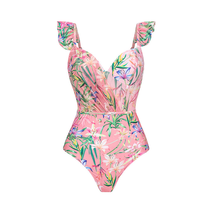 ruffle strap floral one-piece swimsuit with layered mesh maxi skirt set – BREEZE
