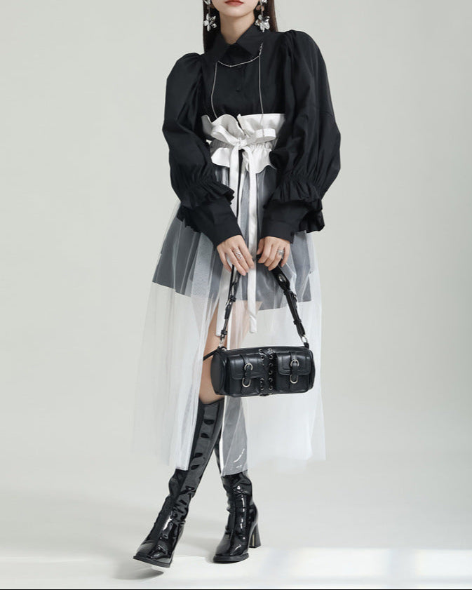 sheer tulle overlay skirt with voluminous shirt and corset belt - YUMI