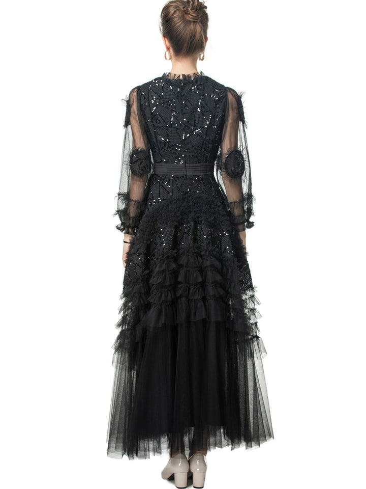 long-sleeve layered gown with tulle and embroidery - IRISWU