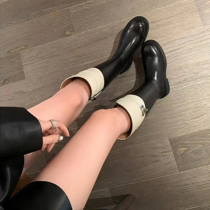 Two-tone knee-high leather boots with side buckle - ALORAZO