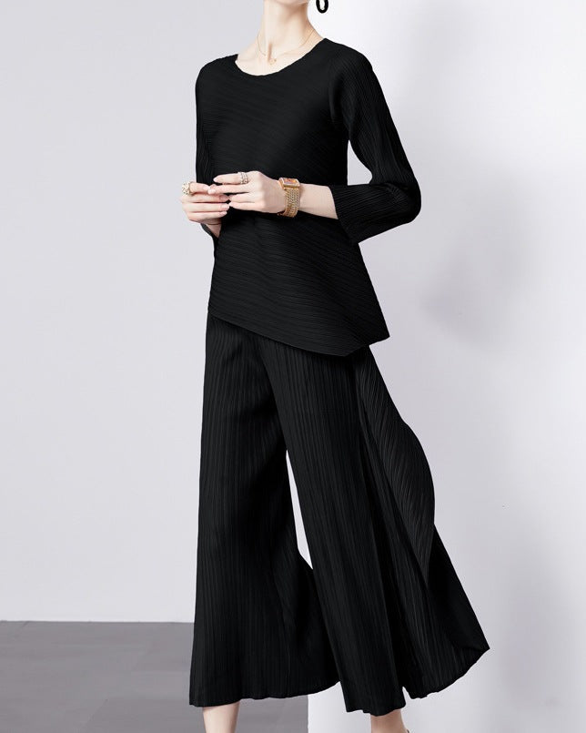 asymmetrical pleated top and wide-leg pants set - TERZA