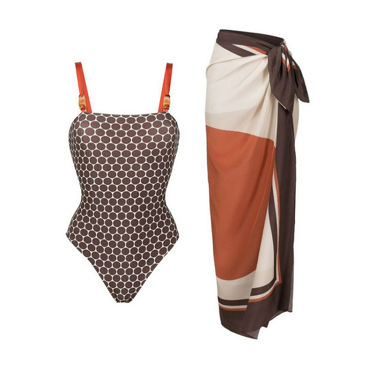 polka dot square-neck swimsuit with colorblock wrap sarong – RIVIERA