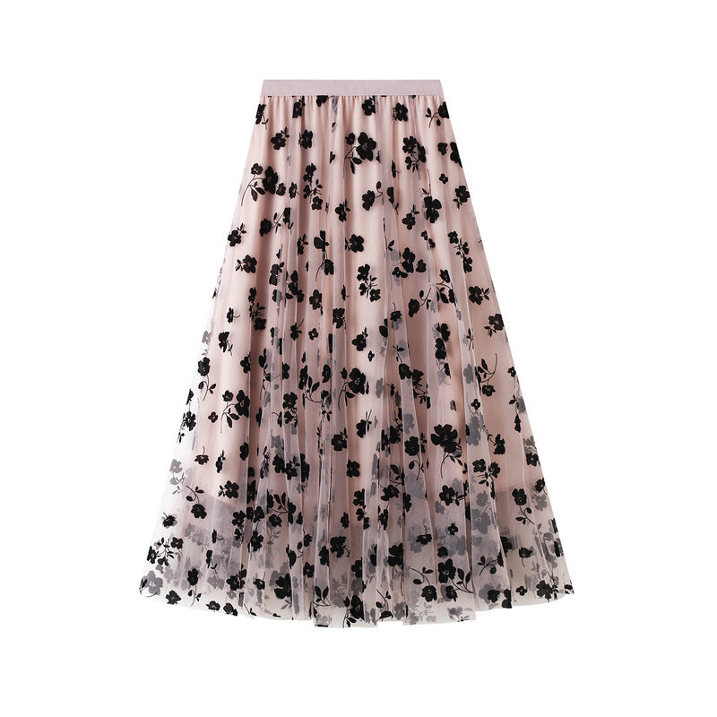 Floral Mesh Maxi Skirt with Elastic Waist – FLOREA