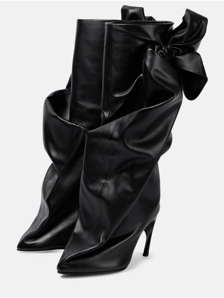slouchy leather stiletto boots with oversized bow – NOIR
