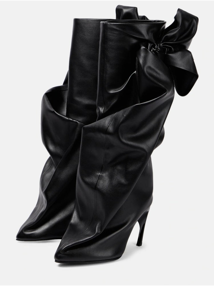 slouchy leather stiletto boots with oversized bow – NOIR