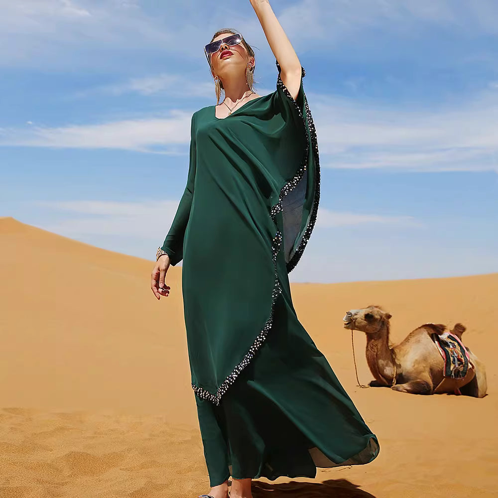 Elegant Long Sleeve Maxi Dress with Waist Tie – RAYEN