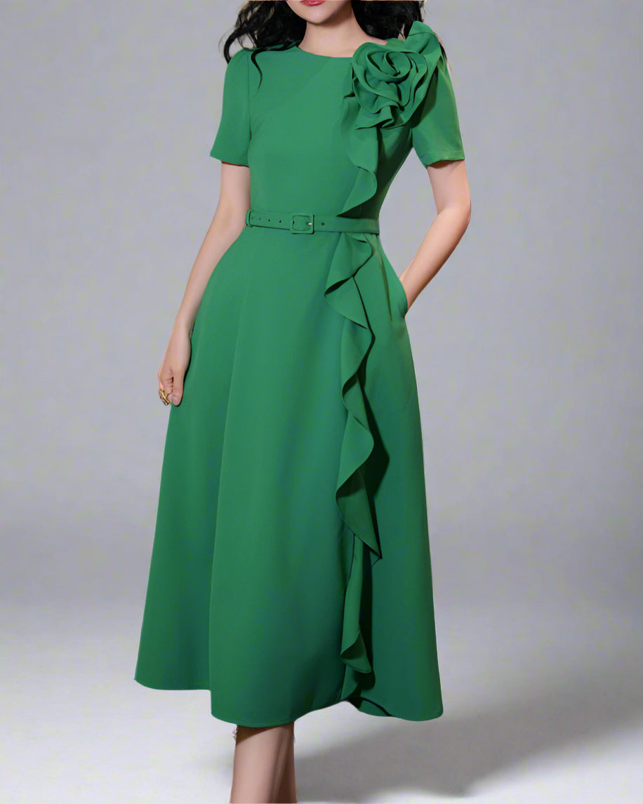 فستان ميدي بأكمام قصيرة وتفاصيل زهور ثلاثية الأبعاد - سيلينا