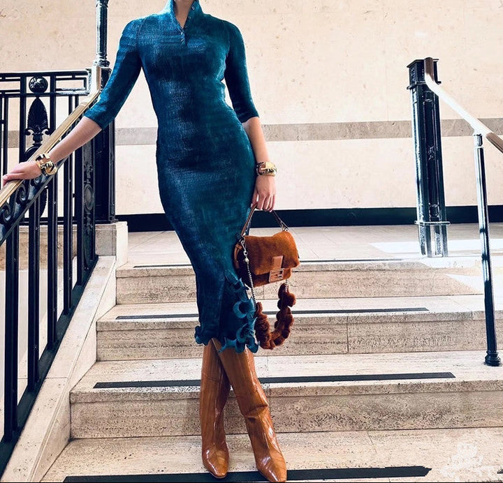 حذاء جلدي كاراميلي يصل إلى الركبة بكعب منحني – سيينا