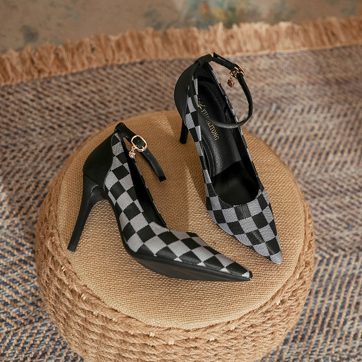 checkered pointed-toe heels with ankle strap – DARIAST