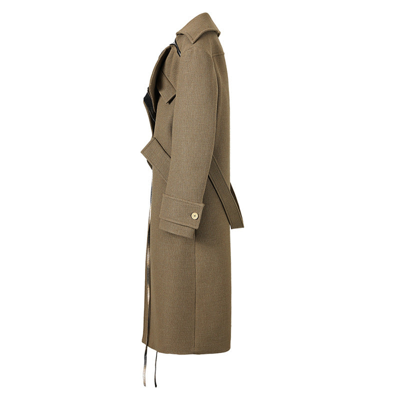 Asymmetric Long Trench Coat with Metallic Lapel – AURELIA