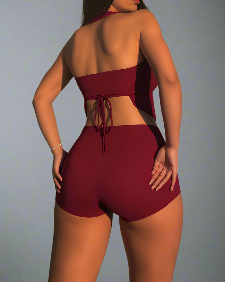 halter draped neckline jumpsuit with heart buckle - NOVAL